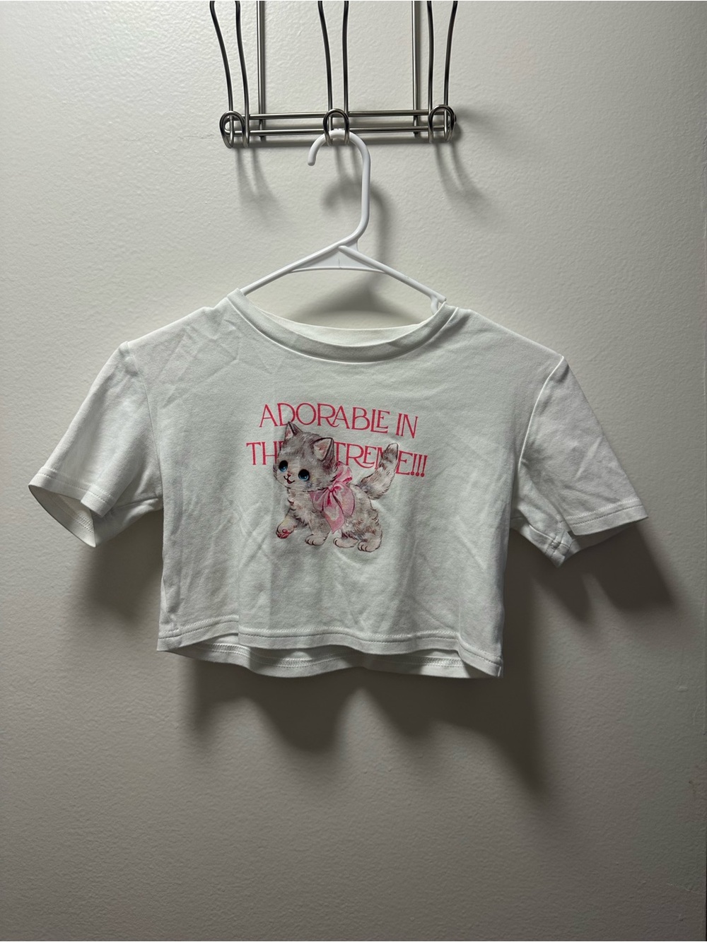 Woman  White Graphic Crop Tee with Pink Kitten Accent